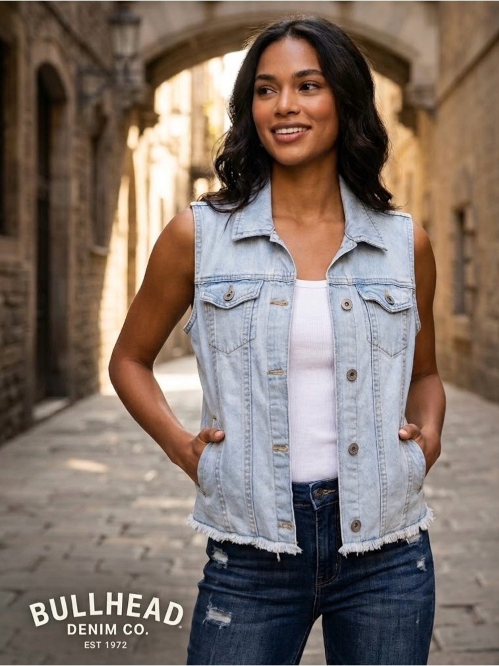 Bullhead Light Blue Denim Vest with Frayed Hem